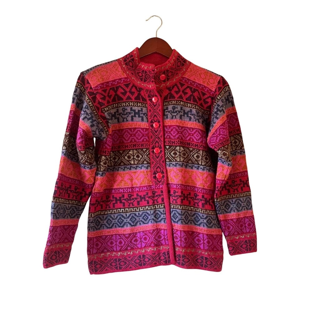 Inka Tradition Baby Alpaca Geometric Pattern Button Front Cardigan Women Small